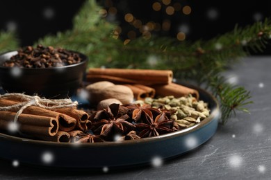 Image of Different spices and fir tree branches on dark table, closeup. Cinnamon, cloves, anise, cardamom, nutmegs