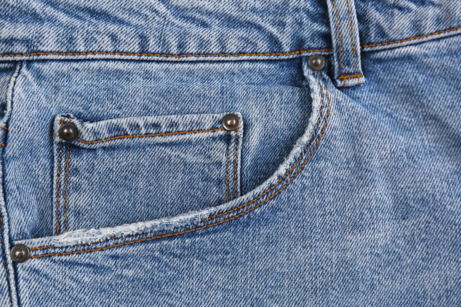 Photo of Light blue jeans with inset pocket as background, closeup