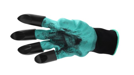 Image of One dirty gardening glove with claws isolated on white