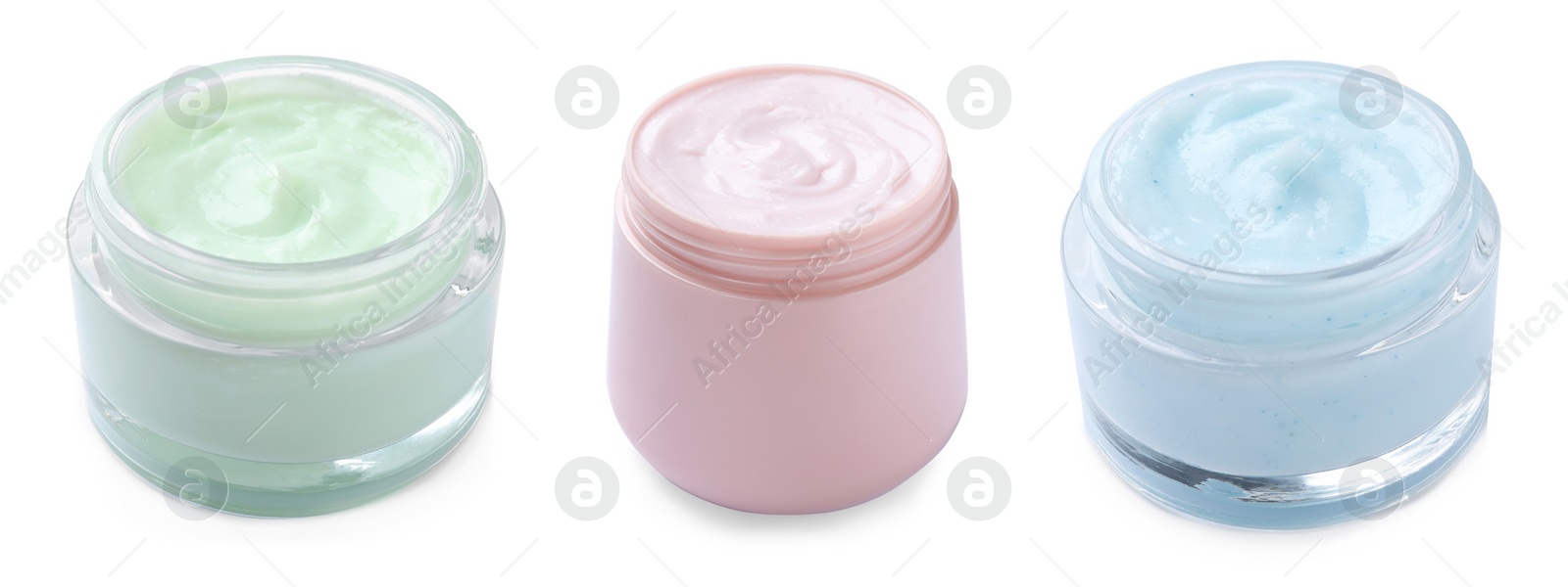 Image of Set with jars of body cream on white background. Banner design