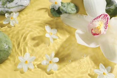 Photo of Beautiful flowers and spa stones in water on pale yellow background