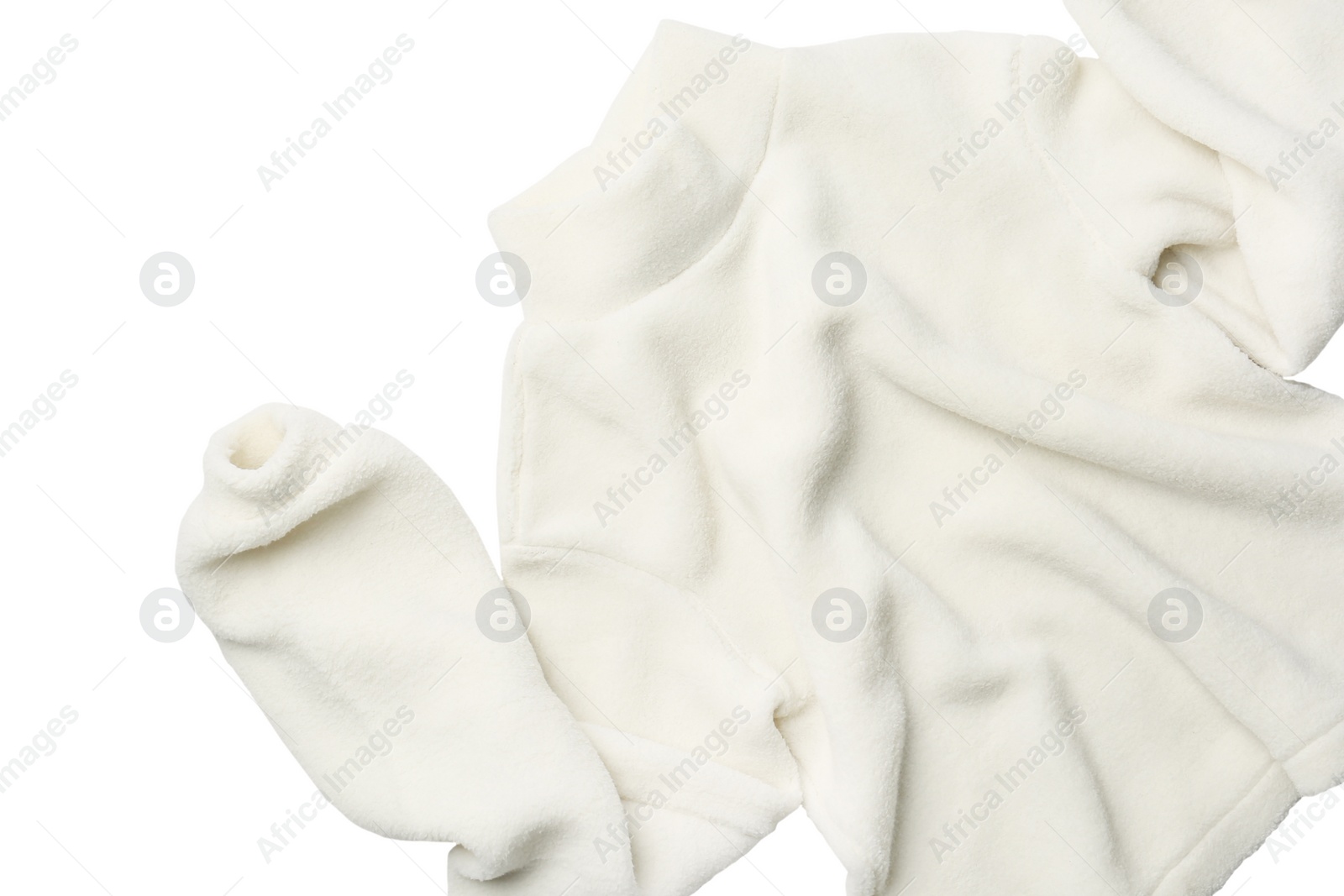 Photo of Fleece turtleneck pullover on white background, top view