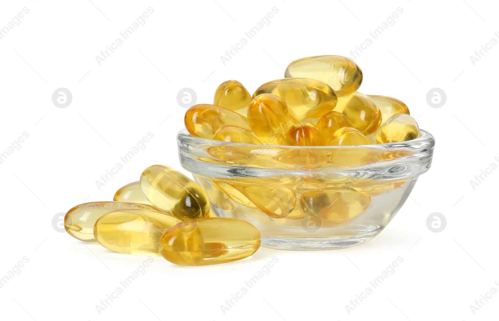 Photo of Vitamin capsules in bowl isolated on white. Health supplement