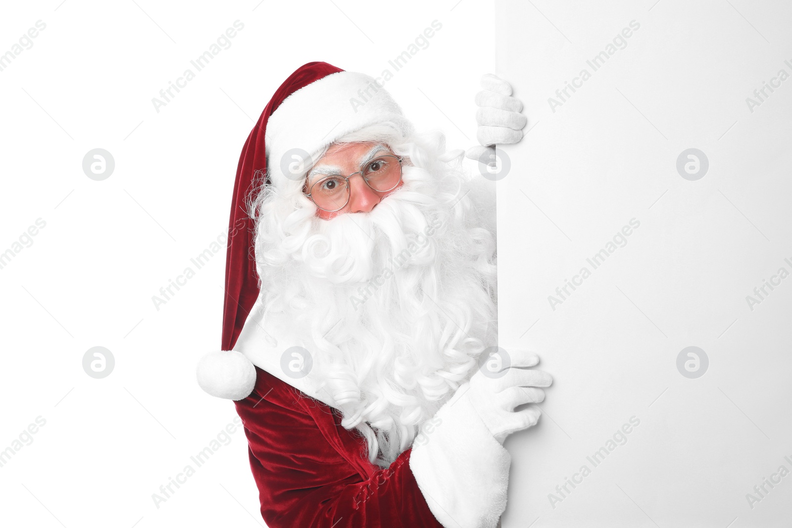 Photo of Santa Claus with blank banner on white background