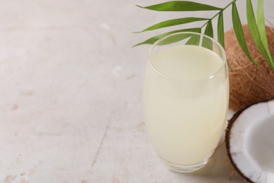 Photo of Glass of coconut water, palm leaves and nuts on light table. Space for text