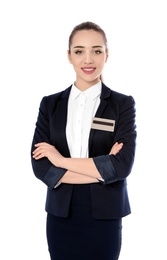 Portrait of female receptionist on white background