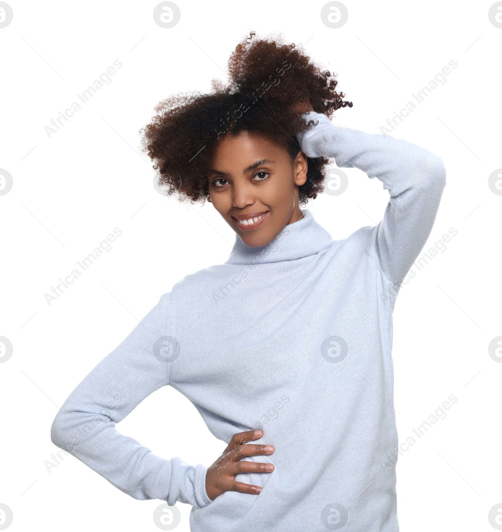 Photo of Portrait of smiling African American woman on white background