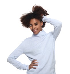 Photo of Portrait of smiling African American woman on white background