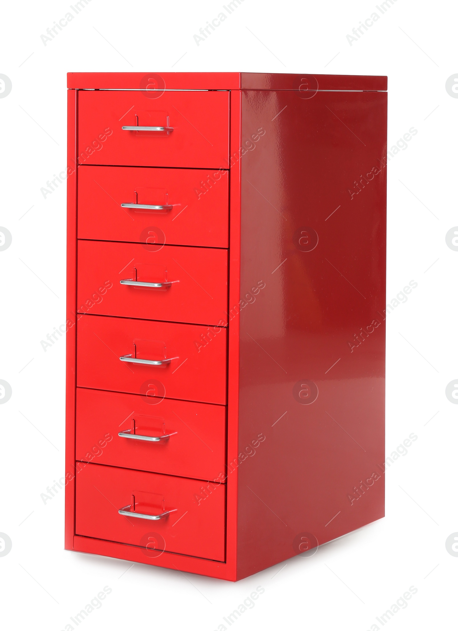 Photo of Red chest of drawers on white background. Furniture for wardrobe room