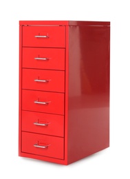 Photo of Red chest of drawers on white background. Furniture for wardrobe room