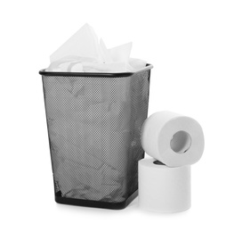 Trash bin with used toilet paper on white background