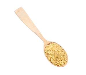 Photo of Wooden spoon with uncooked bulgur isolated on white, top view