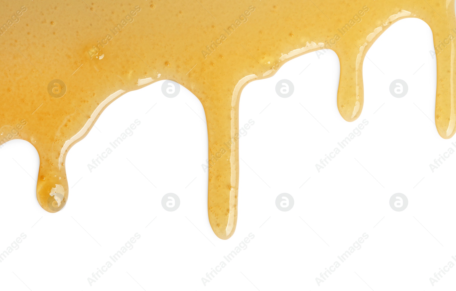 Photo of Tasty natural honey drips isolated on white, top view