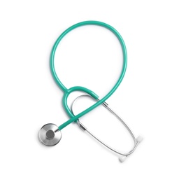 Photo of Stethoscope isolated on white, top view. Medical tool