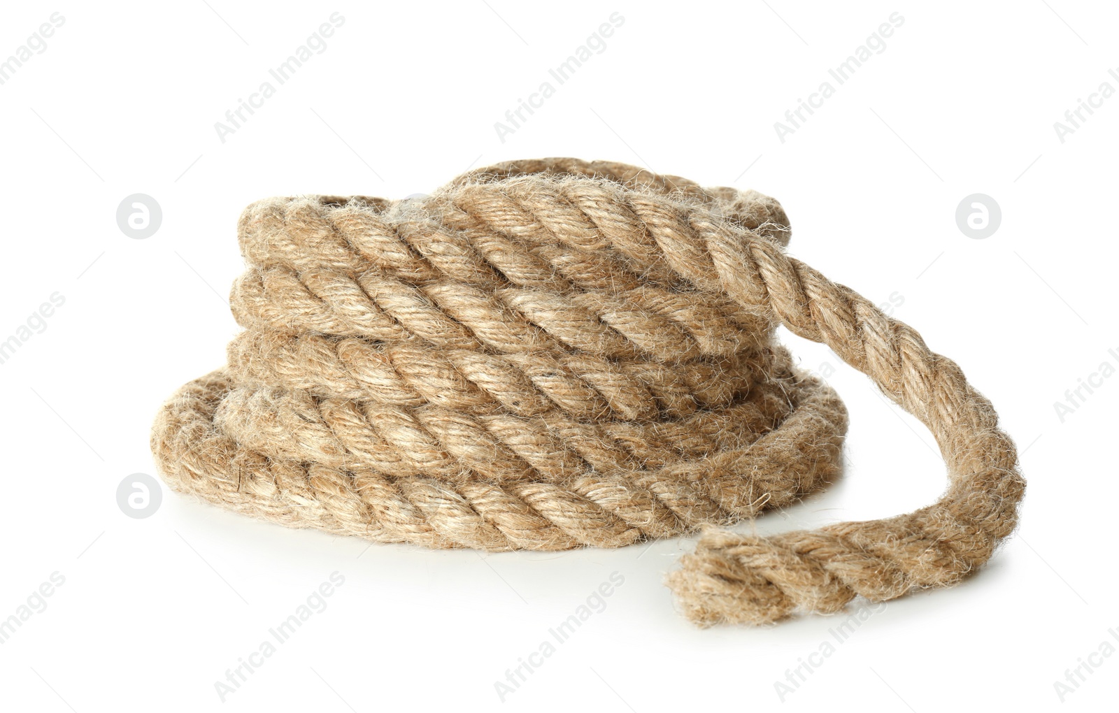 Photo of Bundle of hemp rope on white background. Organic material