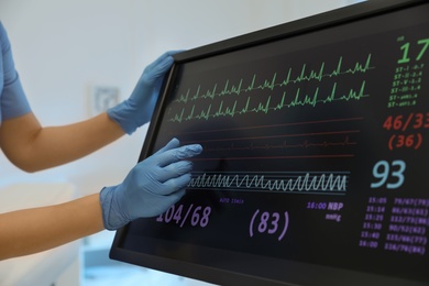 Nurse near monitor with cardiogram in hospital, closeup