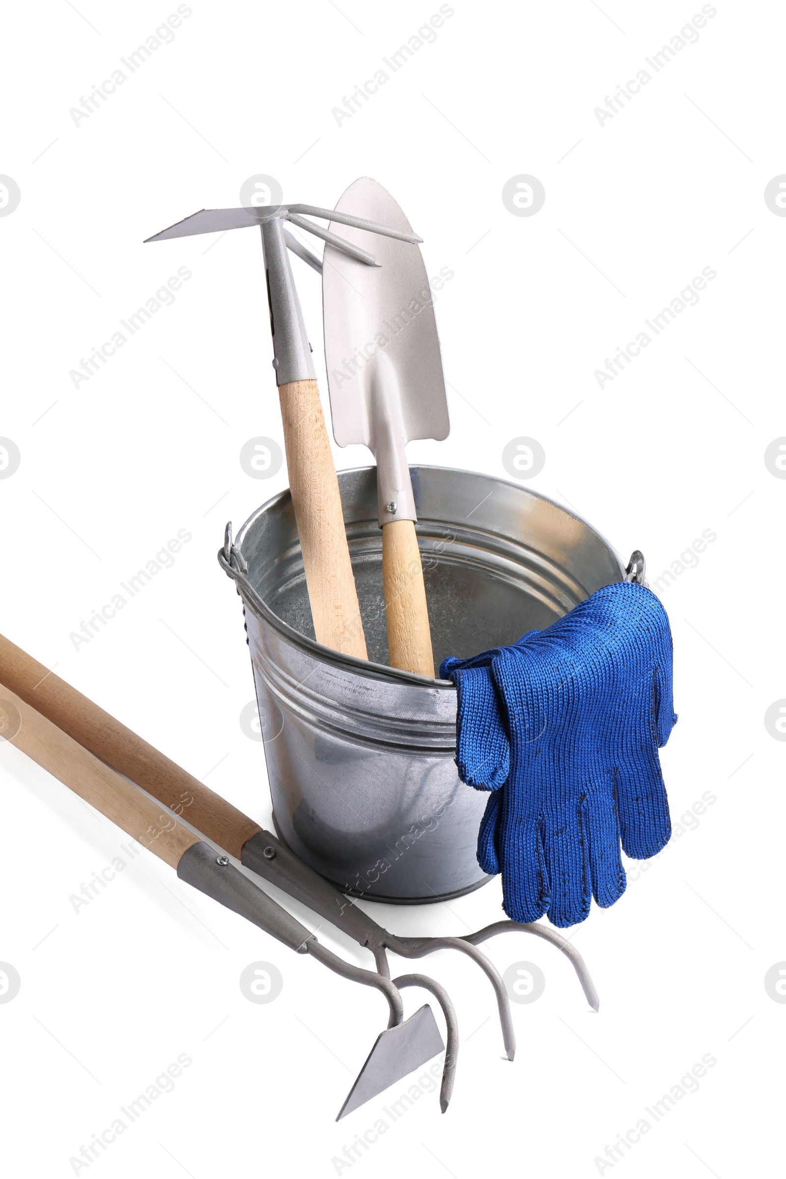 Photo of Pair of gloves and gardening tools on white background