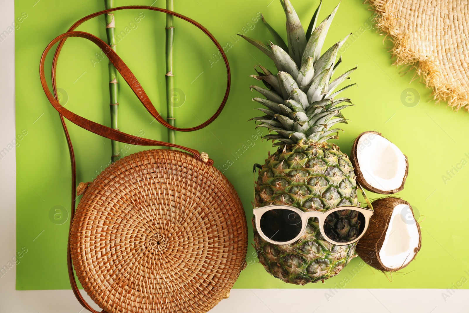 Photo of Flat lay composition with bamboo bag on color background