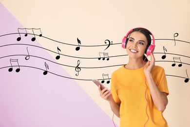 Attractive woman with mobile phone listening to music via headphones on color background