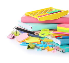 Different colorful stationery on white background. Back to school