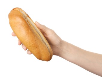 Photo of Woman with fresh hot dog bun on white background, closeup