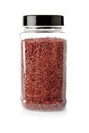 Photo of Jar with uncooked brown rice on white background