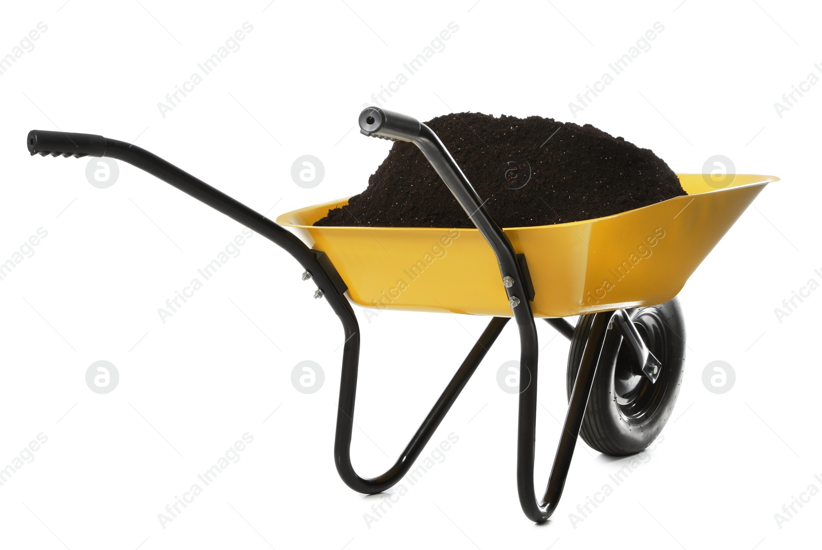 Photo of Wheelbarrow with soil isolated on white. Gardening tool