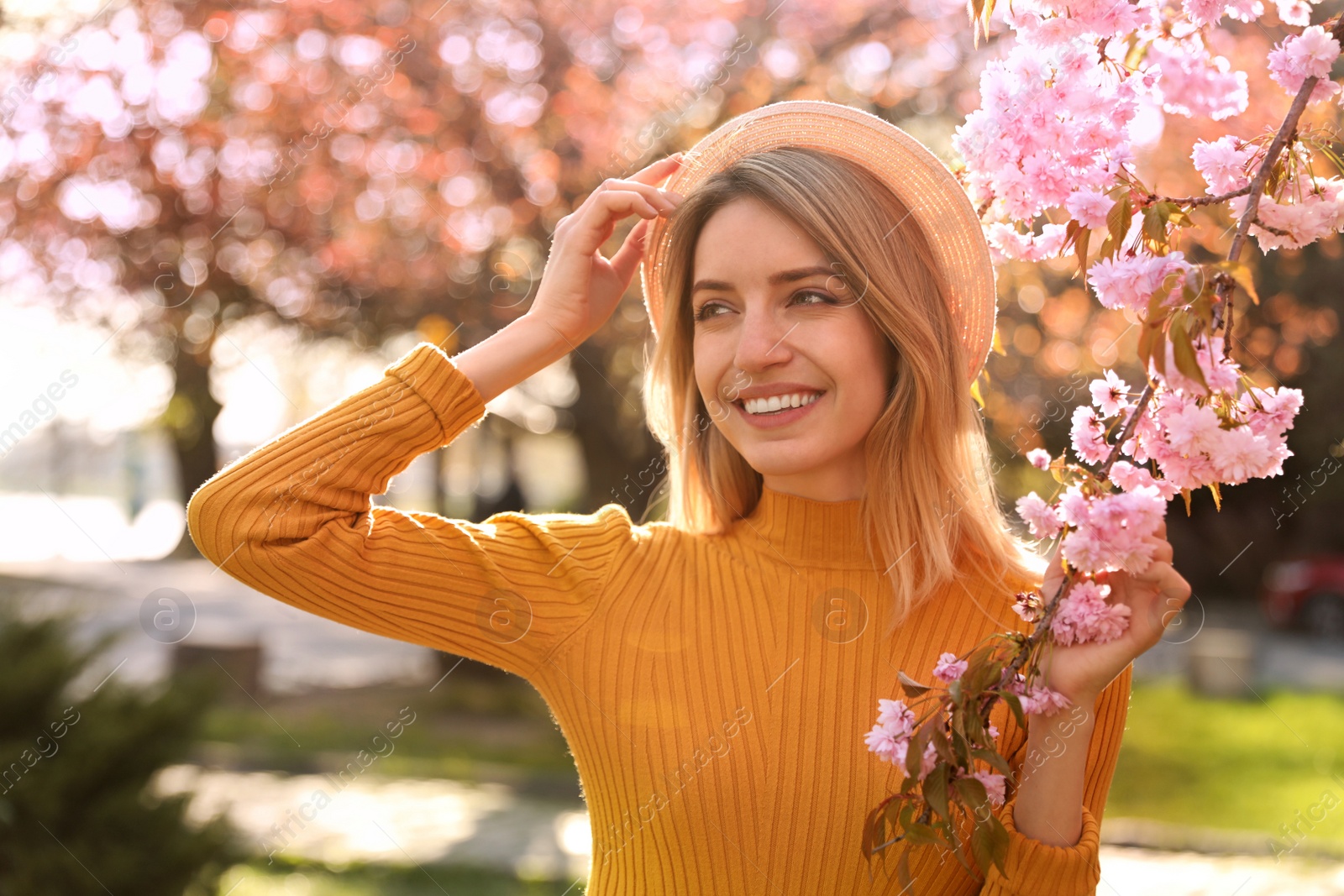 Photo of Young woman wearing stylish outfit near blossoming sakura in park. Fashionable spring look