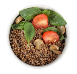 Photo of Delicious buckwheat porridge with mushrooms and tomato on white background, top view