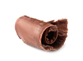 Photo of Curl of tasty chocolate on white background