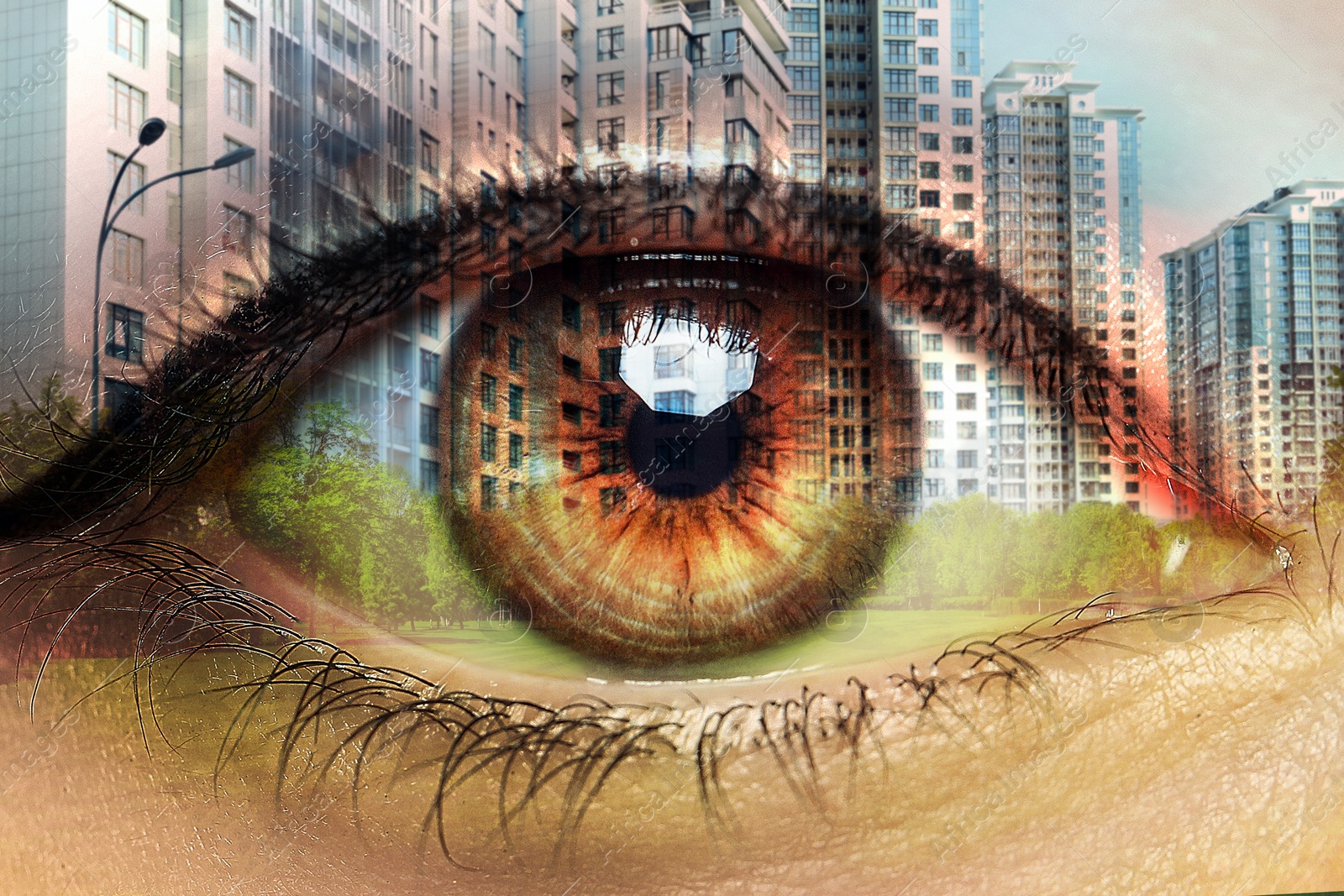 Image of Double exposure of cityscape and woman with beautiful eye, closeup