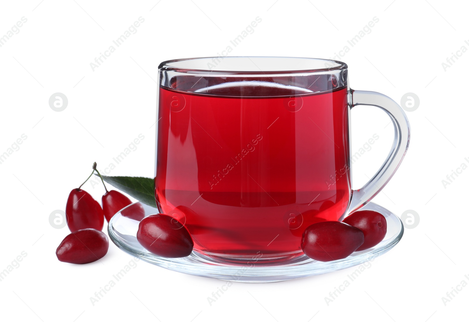 Photo of Glass cup of fresh dogwood tea, berries and leaf on white background