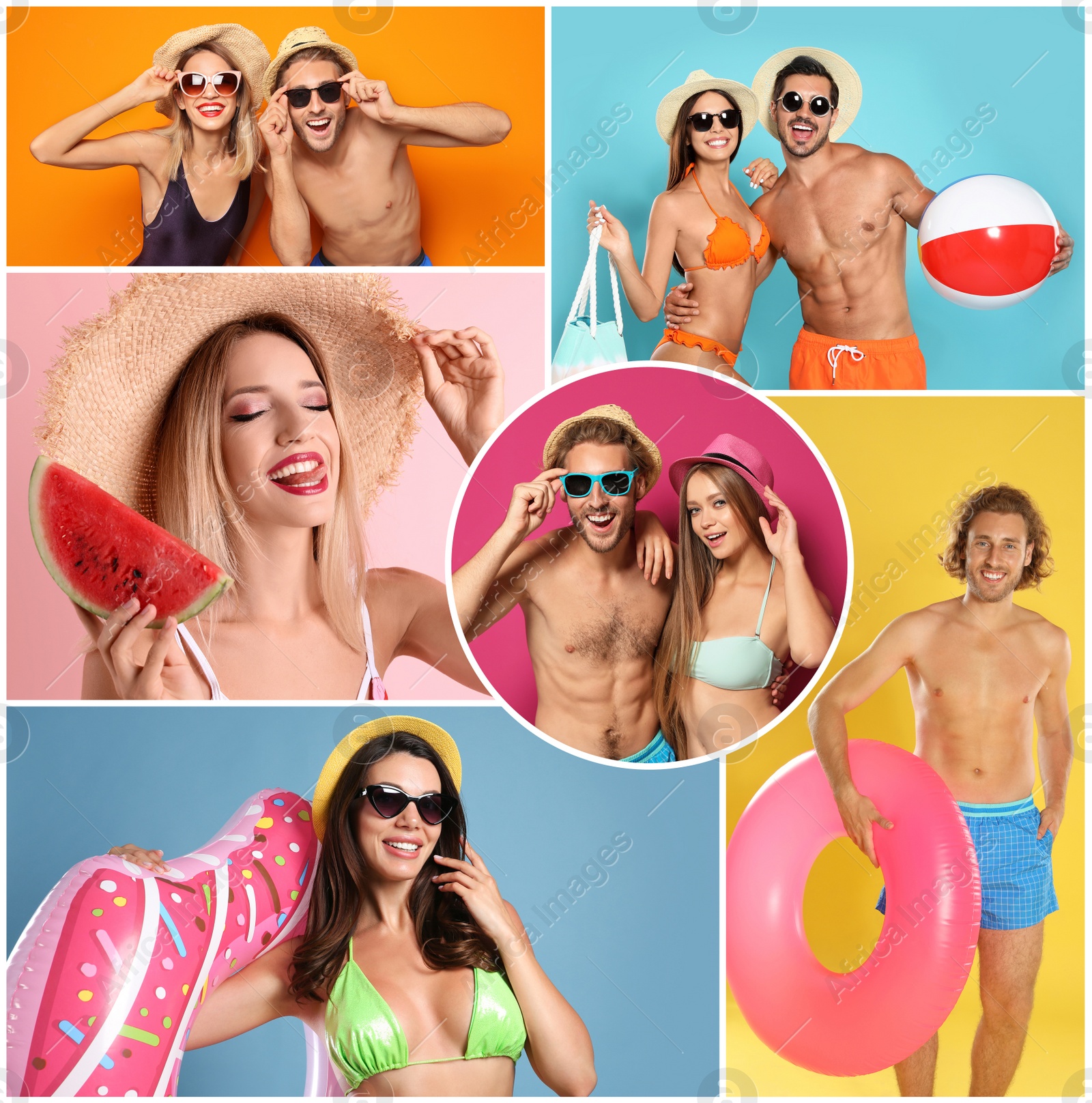 Image of Collage with beautiful photos themed to summer party and vacation. Happy young people wearing swimsuits on different color backgrounds