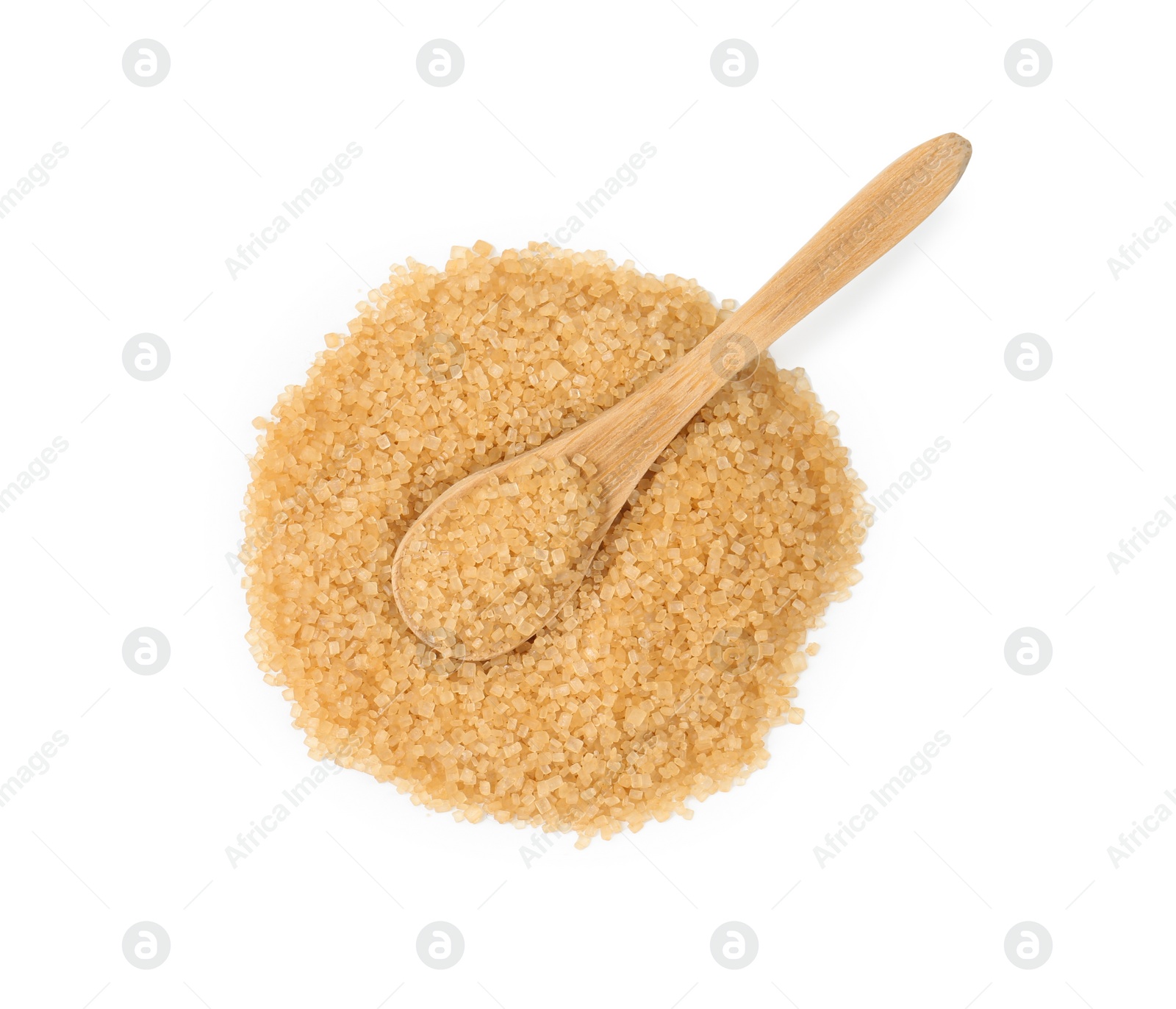 Photo of Pile of brown sugar and wooden spoon isolated on white, top view