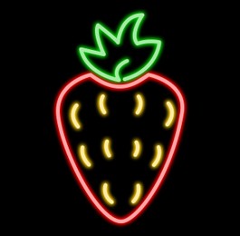 Illustration of Strawberry glowing neon sign on black background