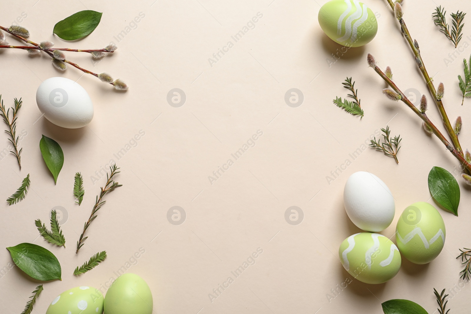 Photo of Flat lay composition with painted Easter eggs on color background, space for text