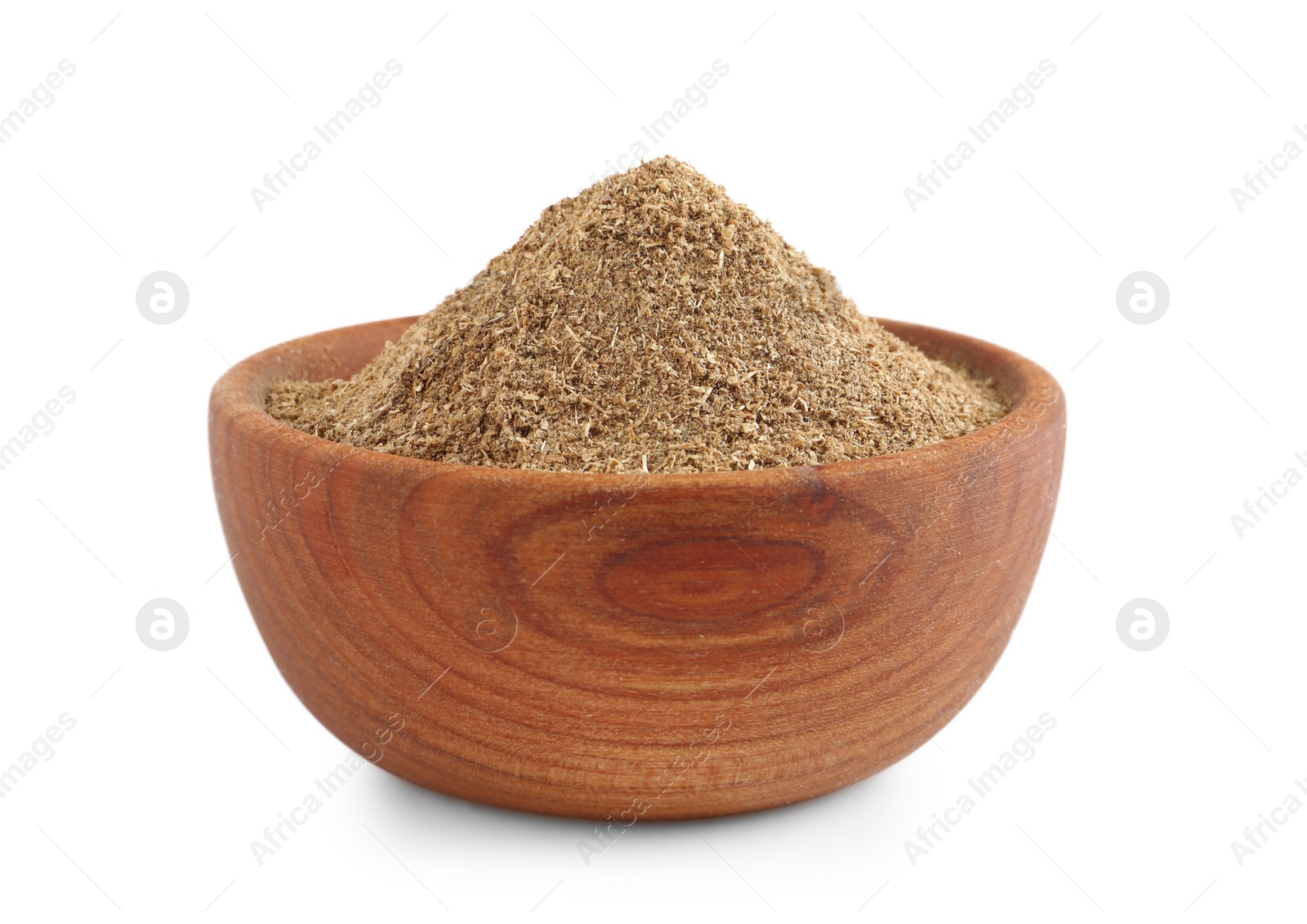 Photo of Wooden bowl with powdered coriander on white background