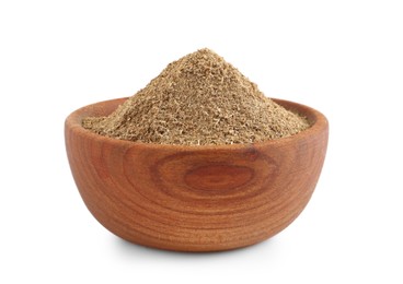 Wooden bowl with powdered coriander on white background