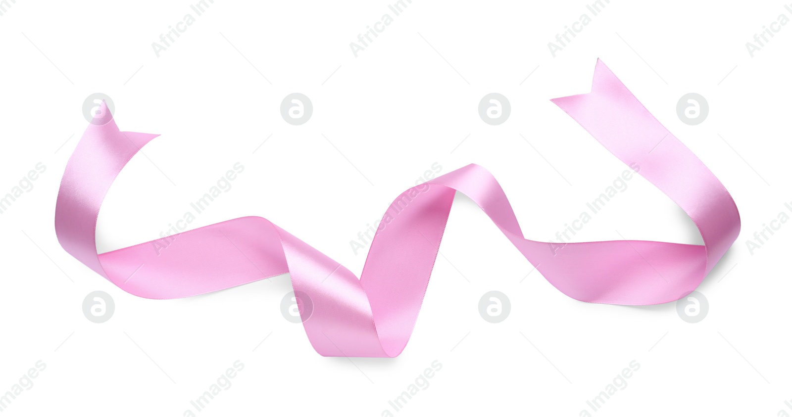 Photo of Beautiful pink ribbon isolated on white, top view