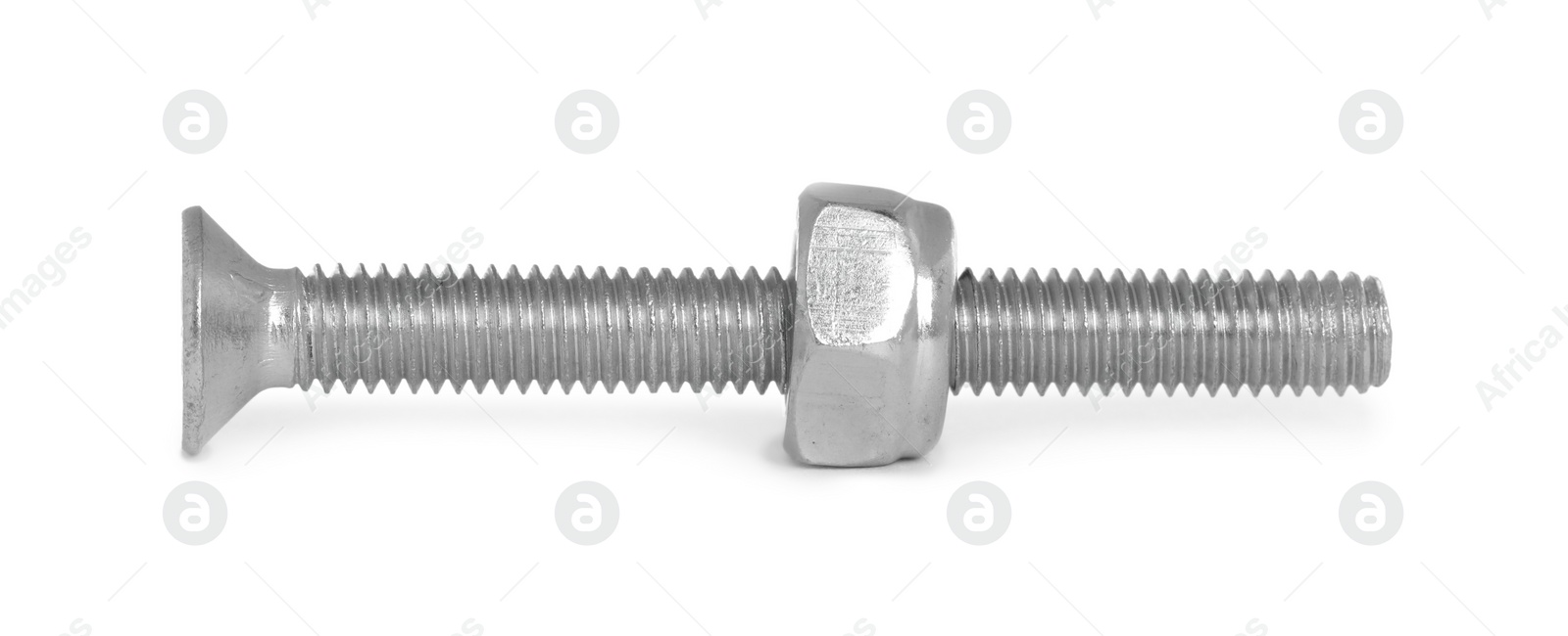 Photo of Metal plow bolt with nut isolated on white