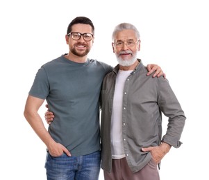 Photo of Happy son and his dad on white background
