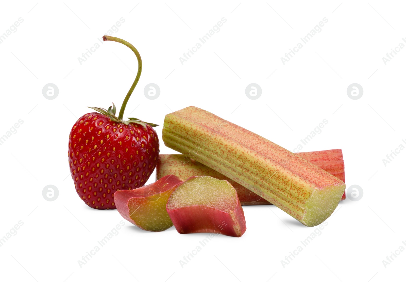 Photo of Cut rhubarb and fresh strawberry isolated on white