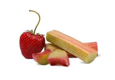 Photo of Cut rhubarb and fresh strawberry isolated on white