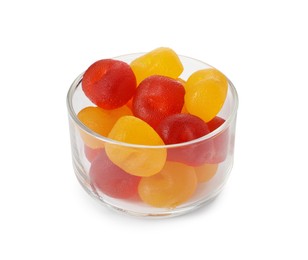 Photo of Delicious gummy fruit shaped candies in bowl isolated on white