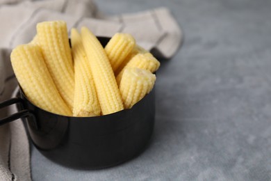 Photo of Tasty fresh yellow baby corns in dish on grey table, closeup. Space for text