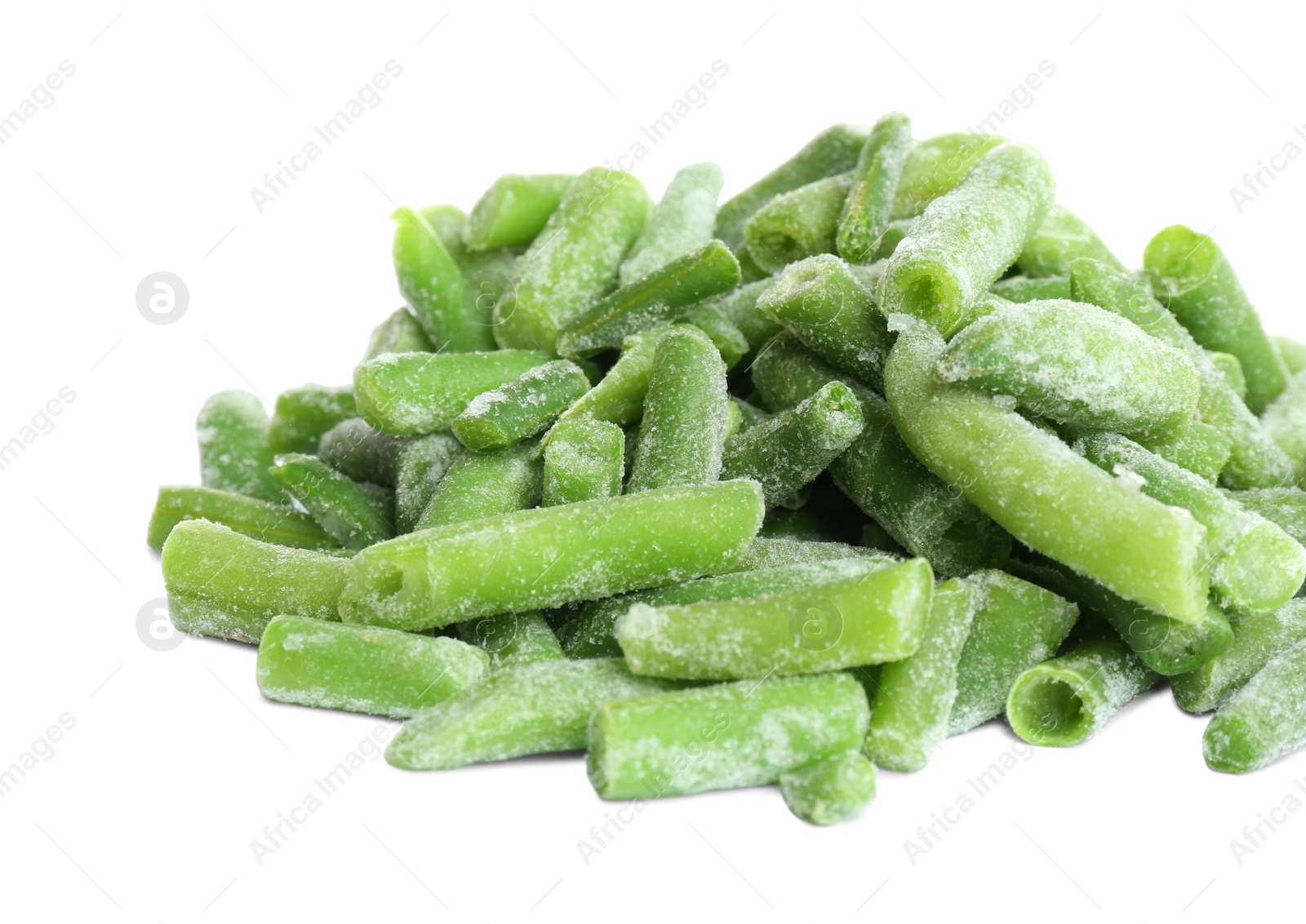 Photo of Frozen green beans isolated on white, closeup. Vegetable preservation
