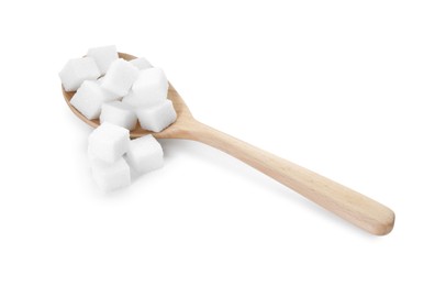 Photo of Many sugar cubes and wooden spoon isolated on white