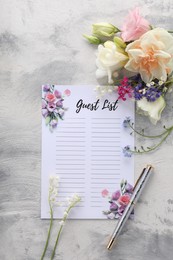 Photo of Guest list, pen and beautiful flowers on light textured background, flat lay. Space for text