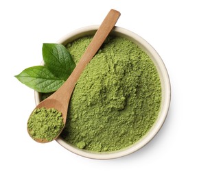 Photo of Green matcha powder in bowl, spoon and leaves isolated on white, top view