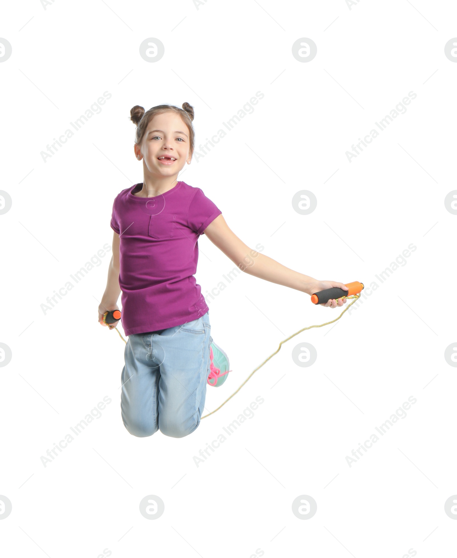 Photo of Cute little girl with jump rope on white background